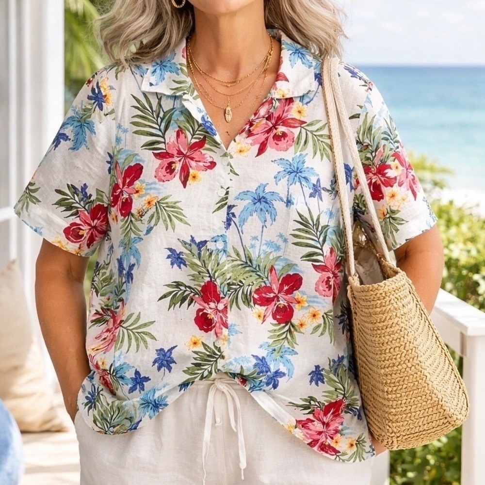 Hot Cotton Women Shirt 2X Tropical Floral Linen Blend Button Up Coastal Summer